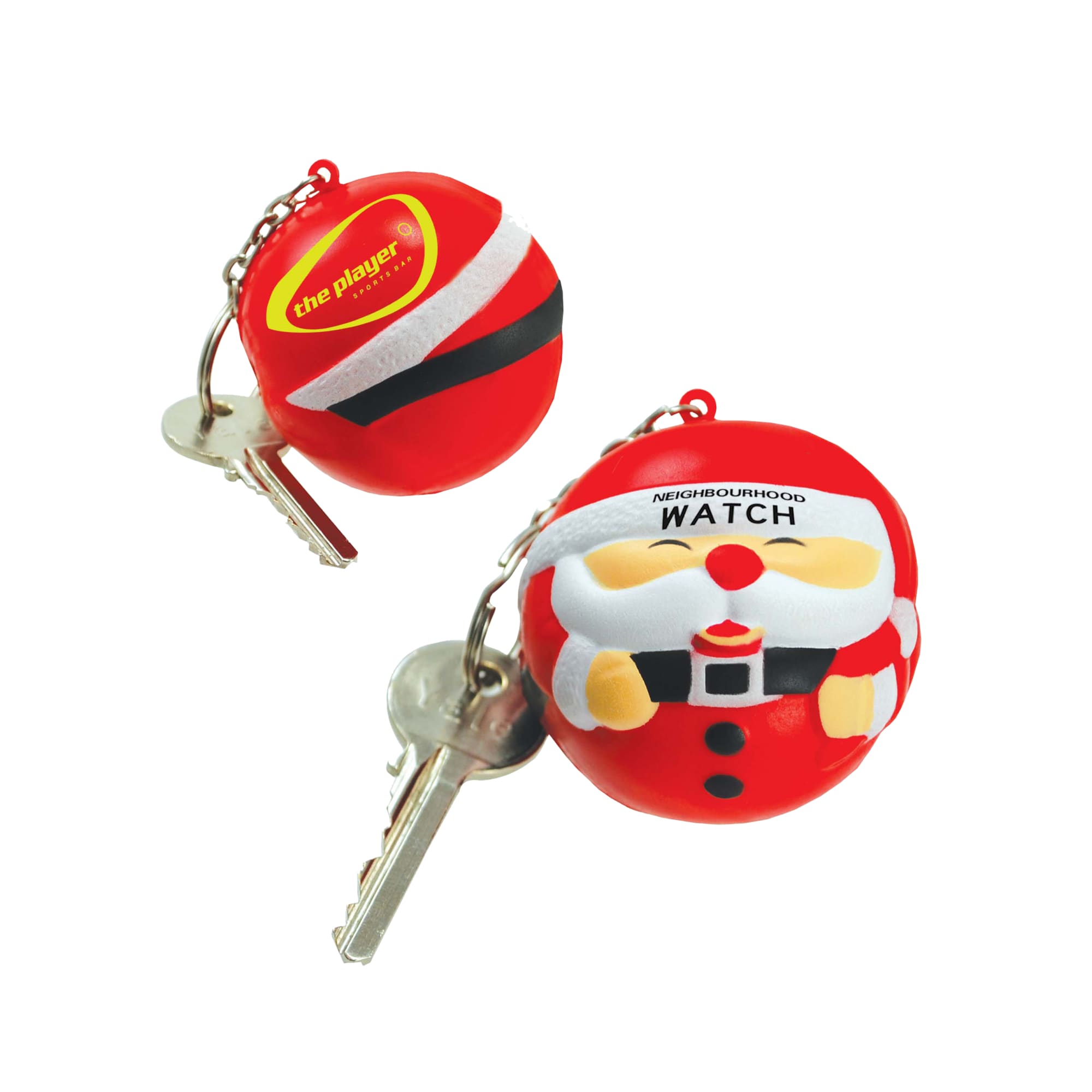 A red Santa stress reliever keyring featuring a smiling Santa and a key attached. It has a branding logo on one side. Keyring with Santa Stress Reliever - Image 1