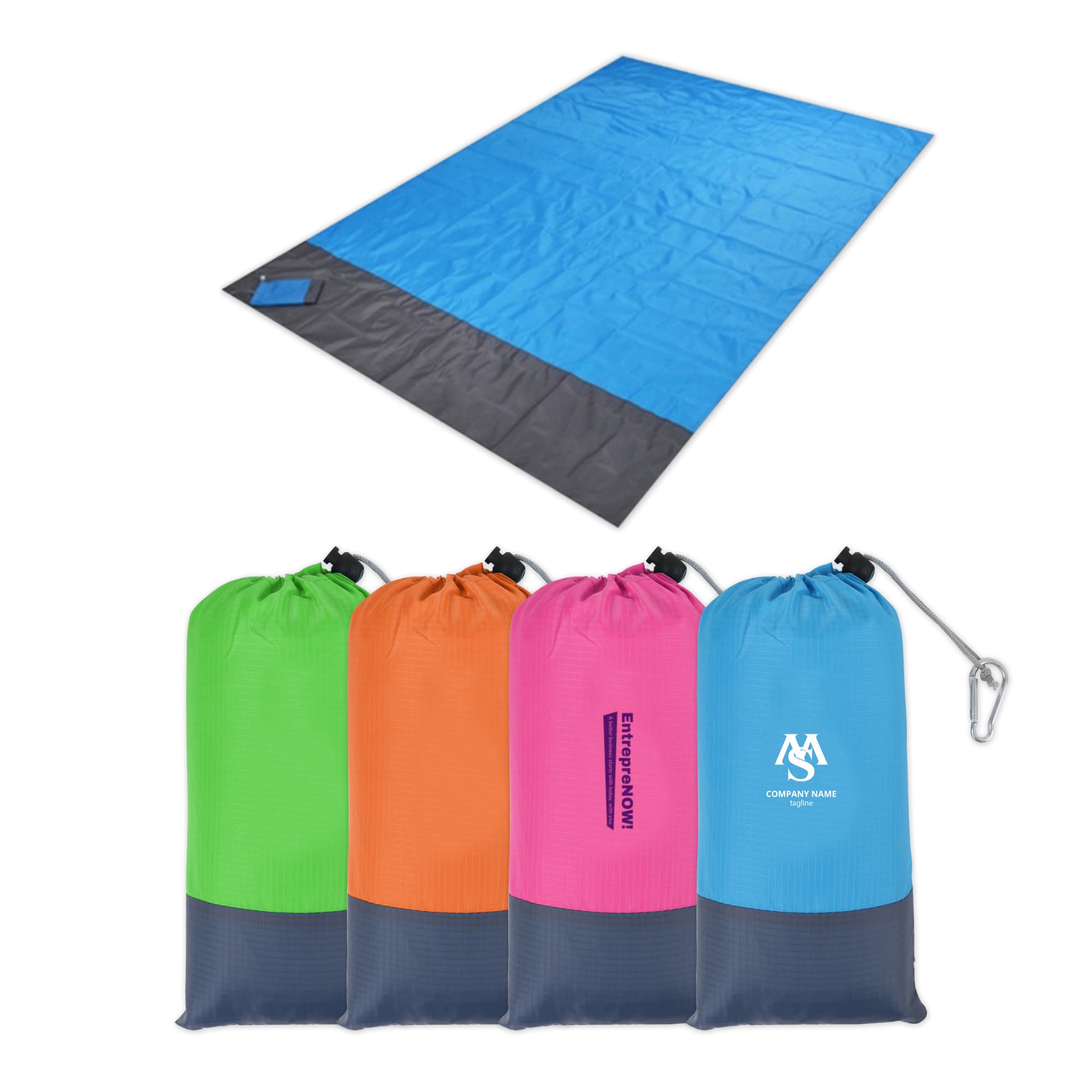 A large picnic blanket in blue with a grey underside, alongside four colourful pouches in green, pink, orange, and blue. Pouch Picnic Blanket - Large - Image 1
