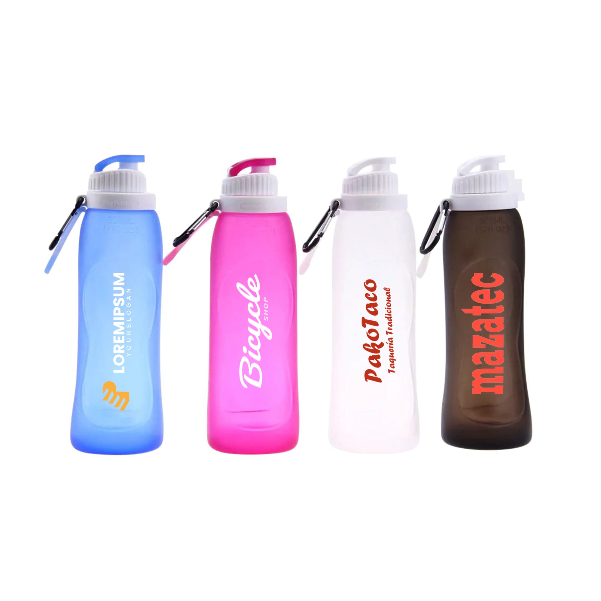 A drink bottle collection featuring a blue, pink, white, and brown silicone design, each with a logo. 500ml Collapsible Silicone Drink Bottle - Image 1