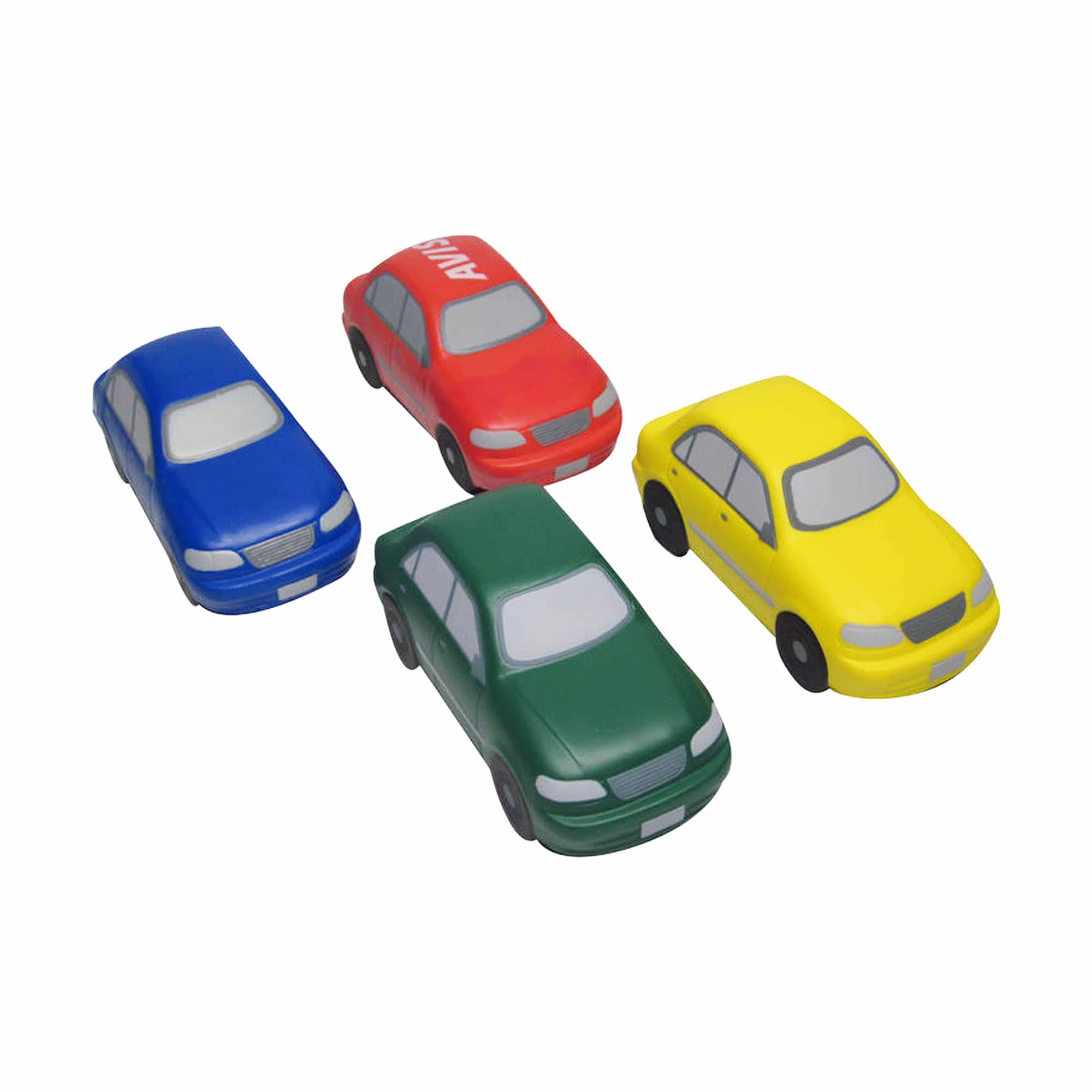 A set of four car-shaped stress relievers in blue, red, green, and yellow, each featuring simple designs and logos. Sedan Car Shape Stress Reliever - Image 1