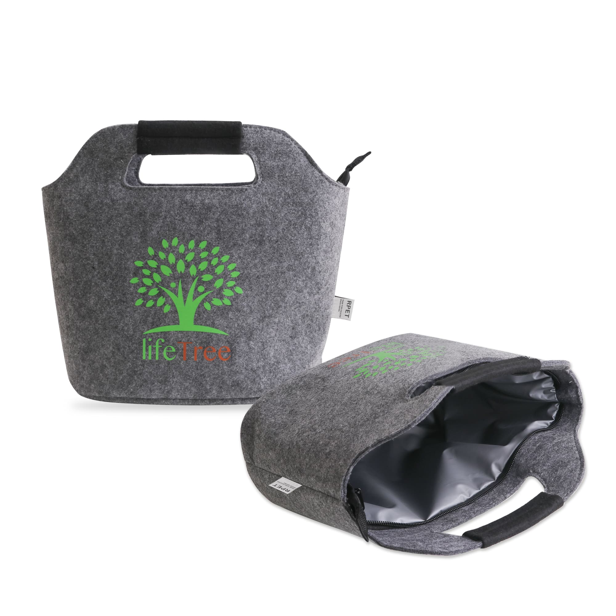 A grey felt cooler bag featuring a tree logo, with a spacious interior and sturdy handle. Felt Material Virgo Cooler Bag - Image 1