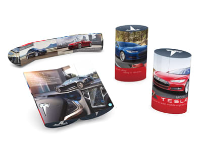 A set of promotional displays featuring car images, predominantly in red and silver, with a branded logo. Magic Ellipse - Image 1
