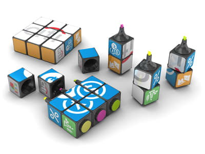 A set of highlighters in various colours shaped like Rubik's cubes, featuring multiple designs and a branding logo. Rubik's Magnetic Highlighter Set - Image 1