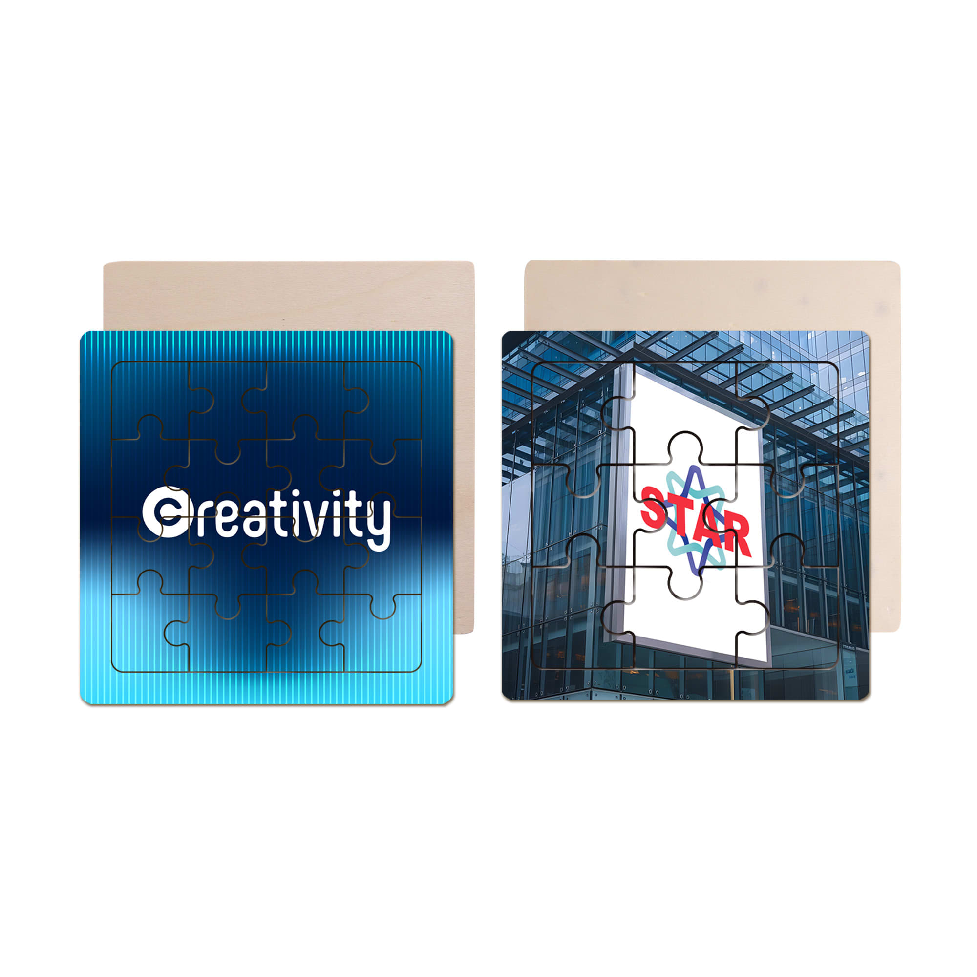 Wooden jigsaw puzzles featuring a blue gradient design and a puzzle piece with a building image, both with backing. Wooden Jigsaw Puzzles - Image 1