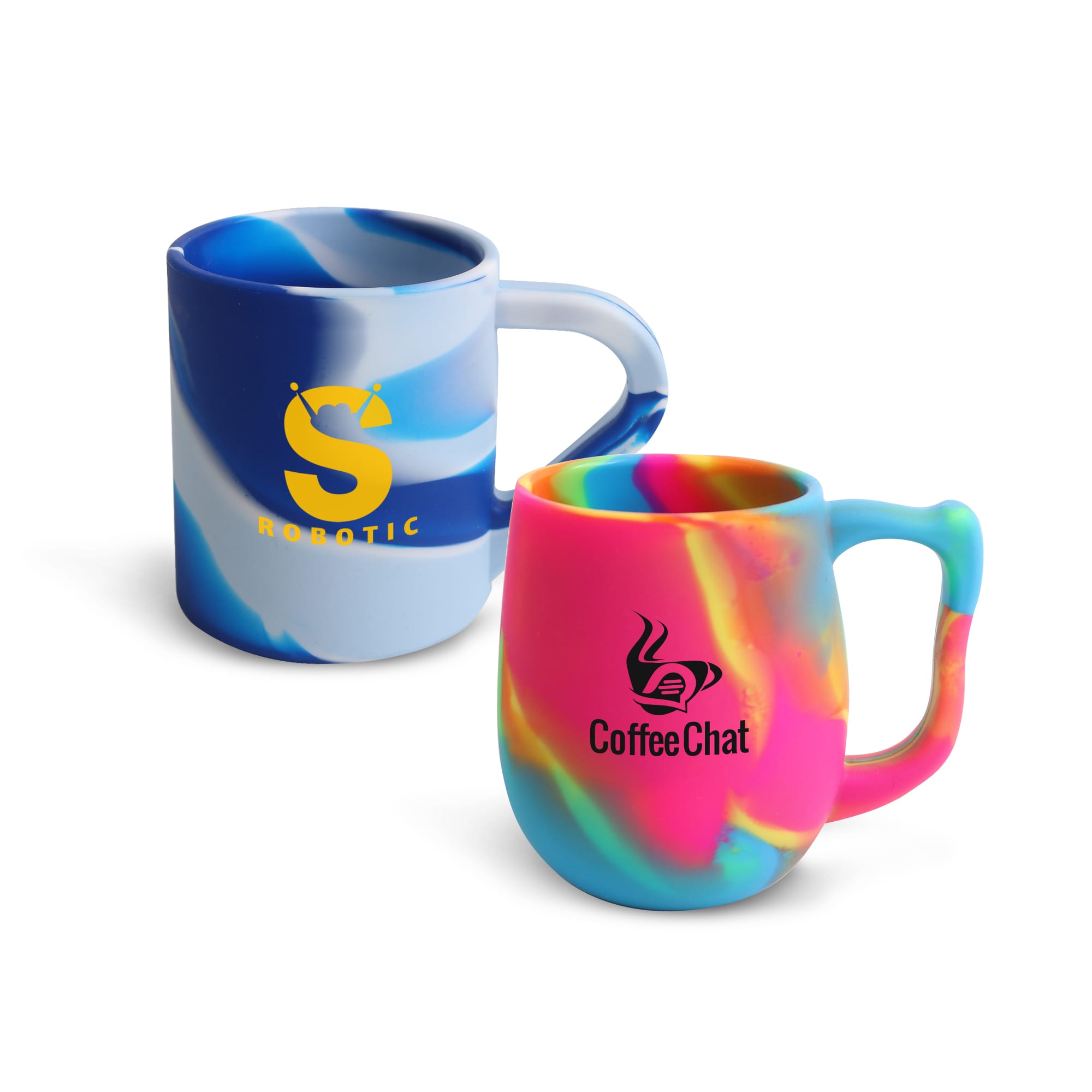 Two custom silicone mugs in vibrant blue and multicoloured designs, each featuring a logo. Custom Silicone Mug - Image 1
