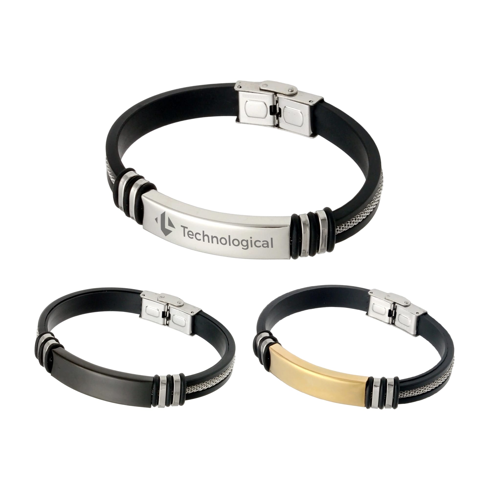 A set of three Buckle Latch Silica Silver Bracelets in silver, black, and gold, each with a logo. Buckle Latch Silica Silver Bracelet - Image 1