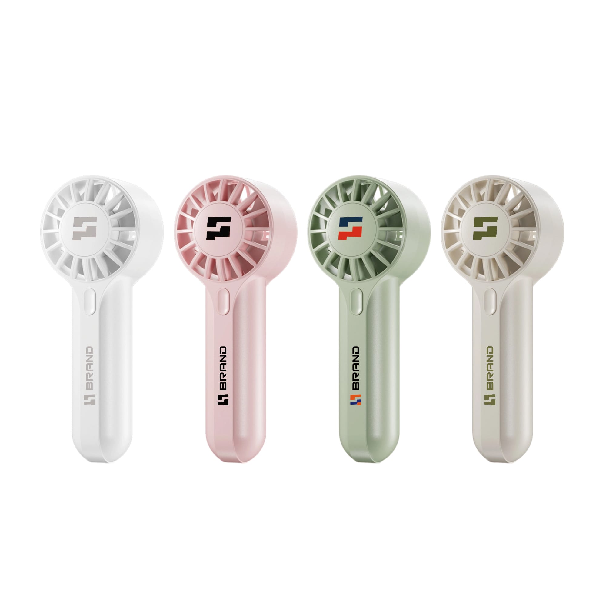 A set of four handheld fans in white, pink, green, and cream, each featuring a logo on the front. Mini Travel Handheld Fan - Image 1