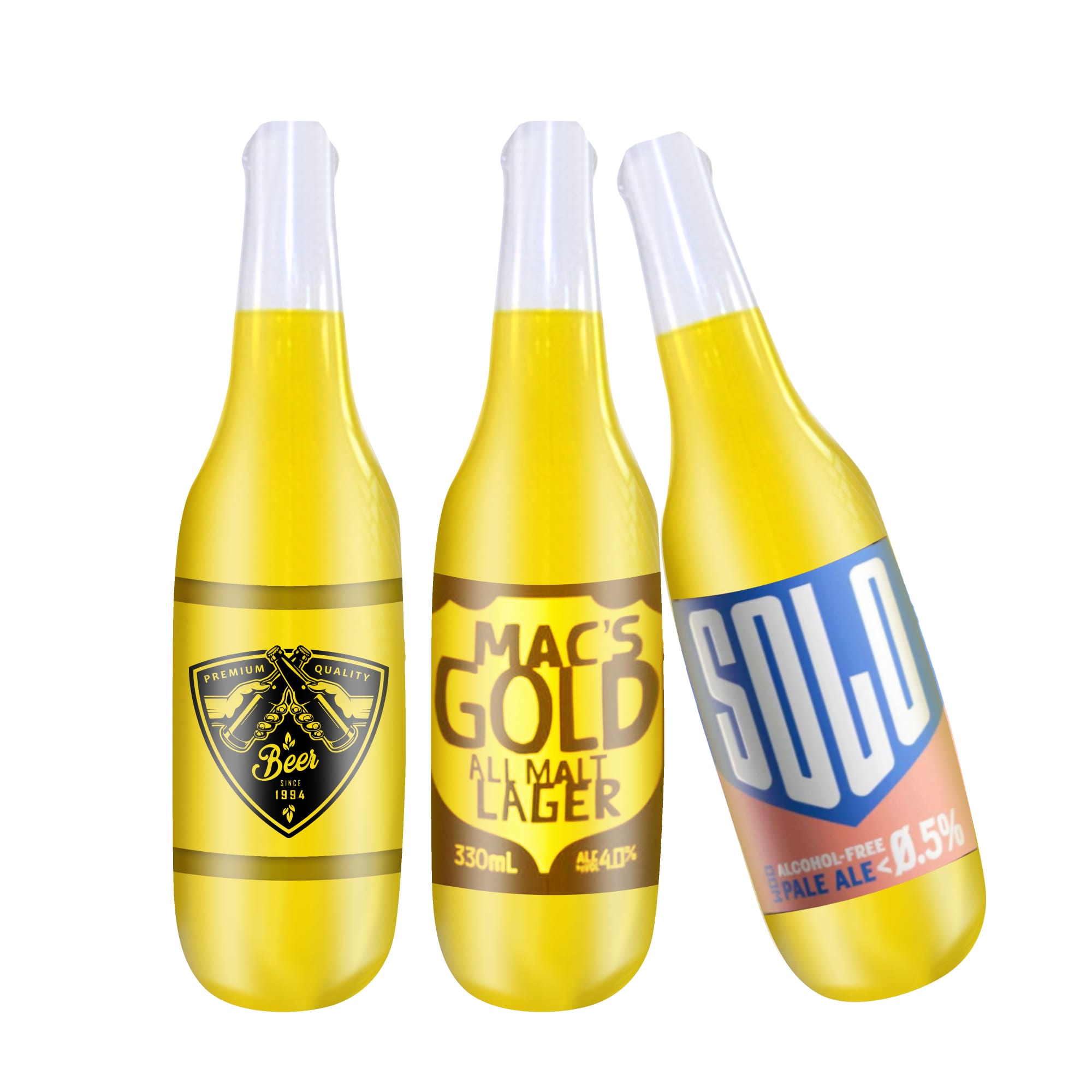 A drink bottle trio, featuring three inflatable beer bottles in yellow with various labels and logos. Inflatable Bottle - Image 1