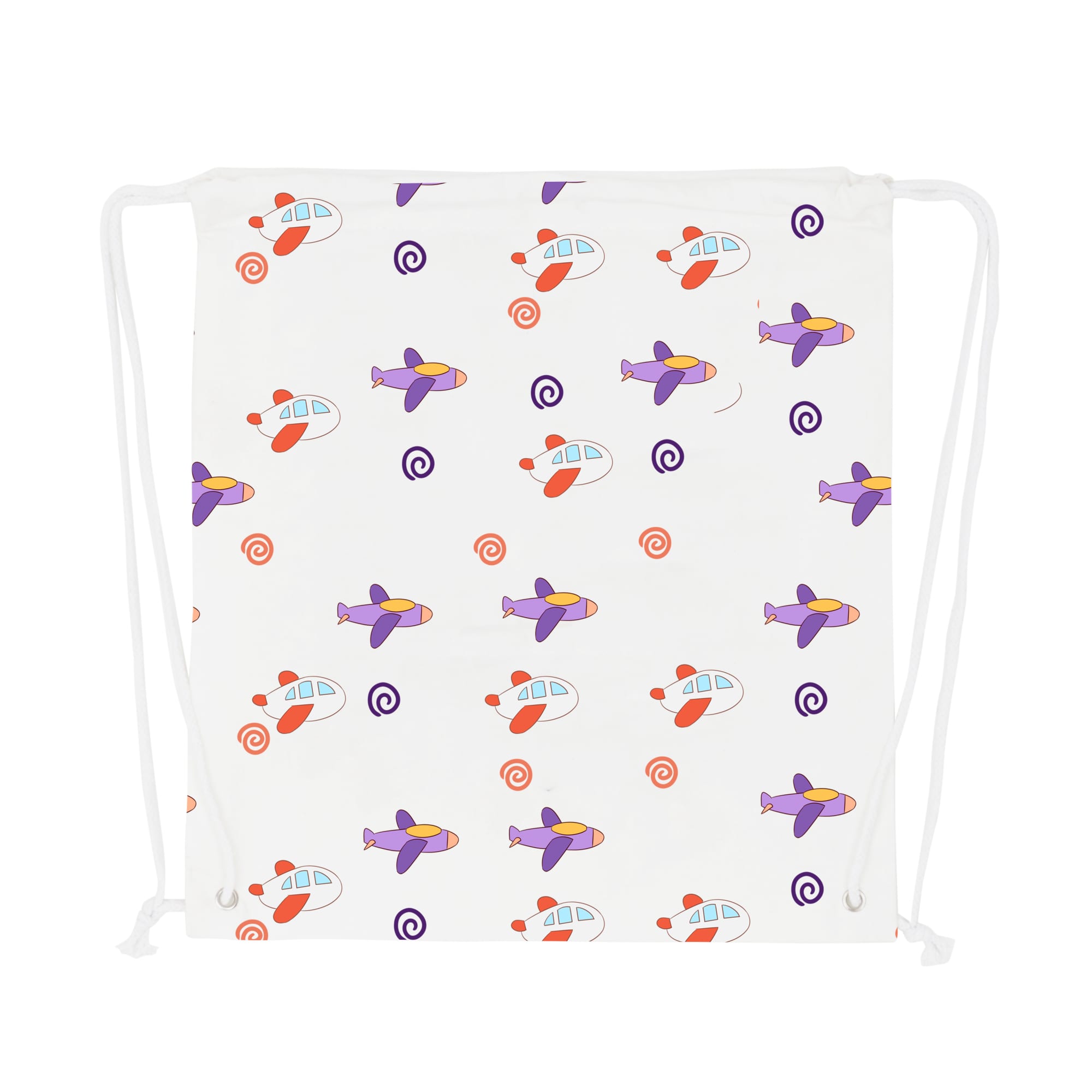 A drawstring cotton bag featuring a playful pattern of purple and red planes on a white background with colourful swirls. 170gsm Digital Print Drawstring Cotton Bag - Image 1