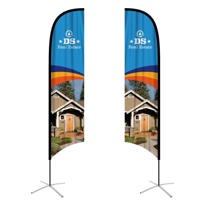 Concave feather banners in blue and black, featuring a logo and images of a house on a stand. Medium(70.4*300cm) Concave Feather Banners 13ft - Image 1
