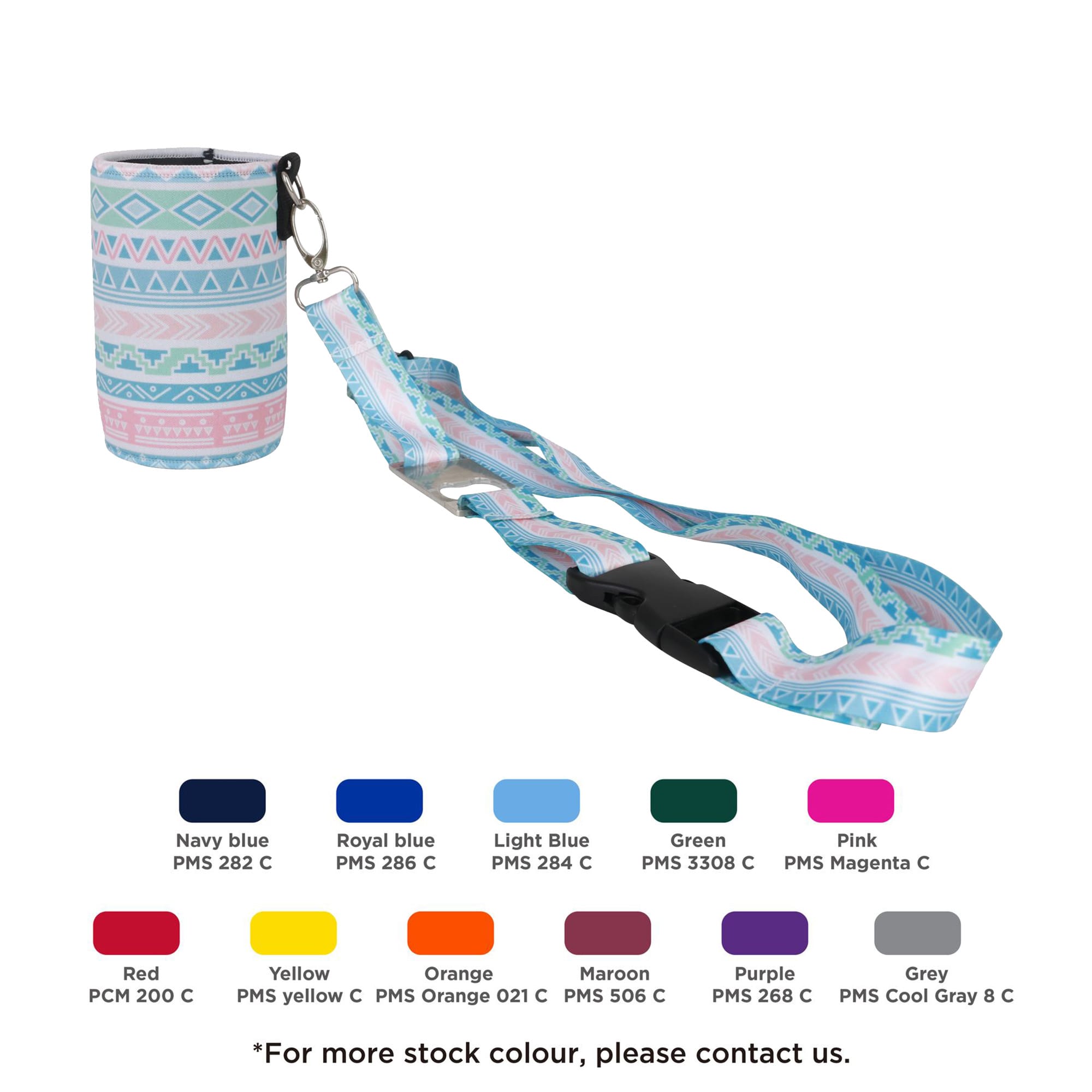 A drink bottle holder in pastel colours with a patterned design and a detachable strap. It includes a keyring attachment. Bottle Opener Stubby Holder - Image 1