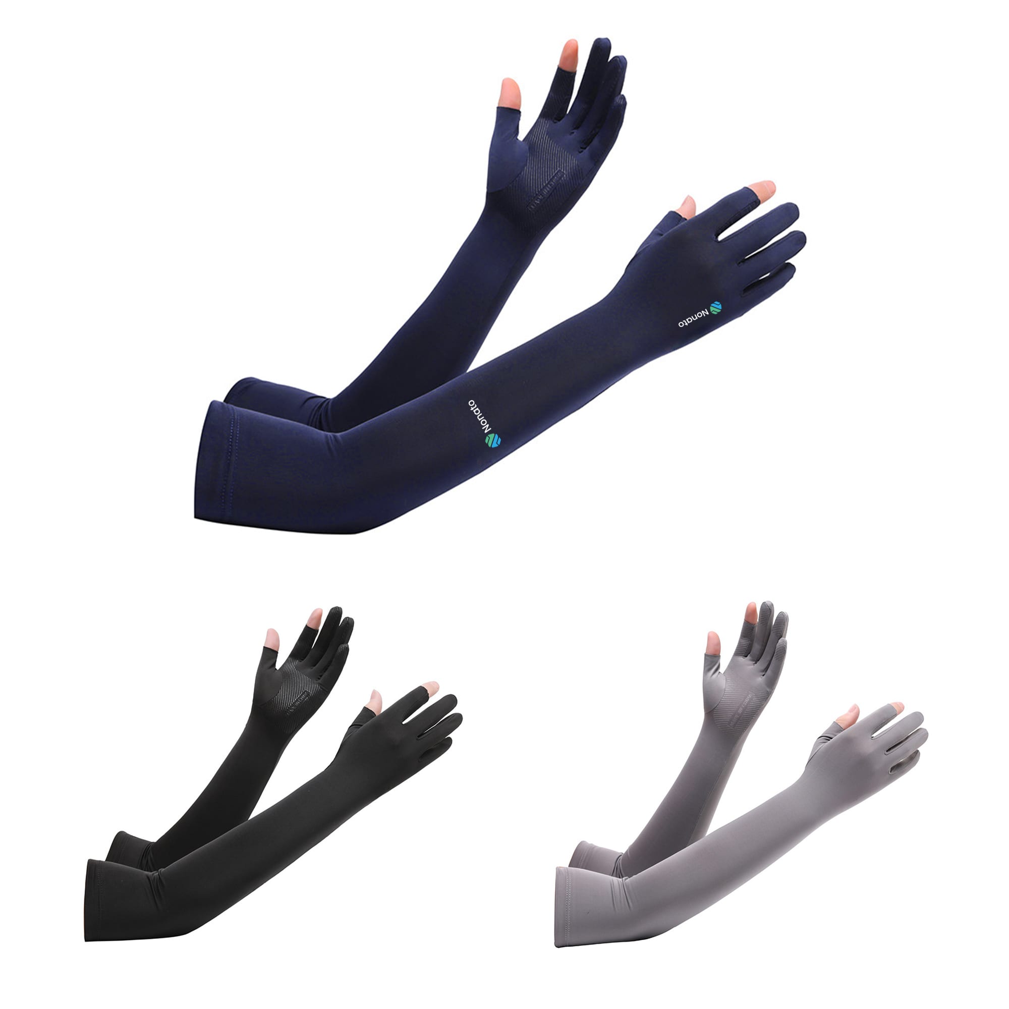 Long sleeve sun protective gloves in navy, black, and grey with two open fingers and a logo. Long Sleeve Sun Protective Gloves with 2 Open Fingers - Image 1