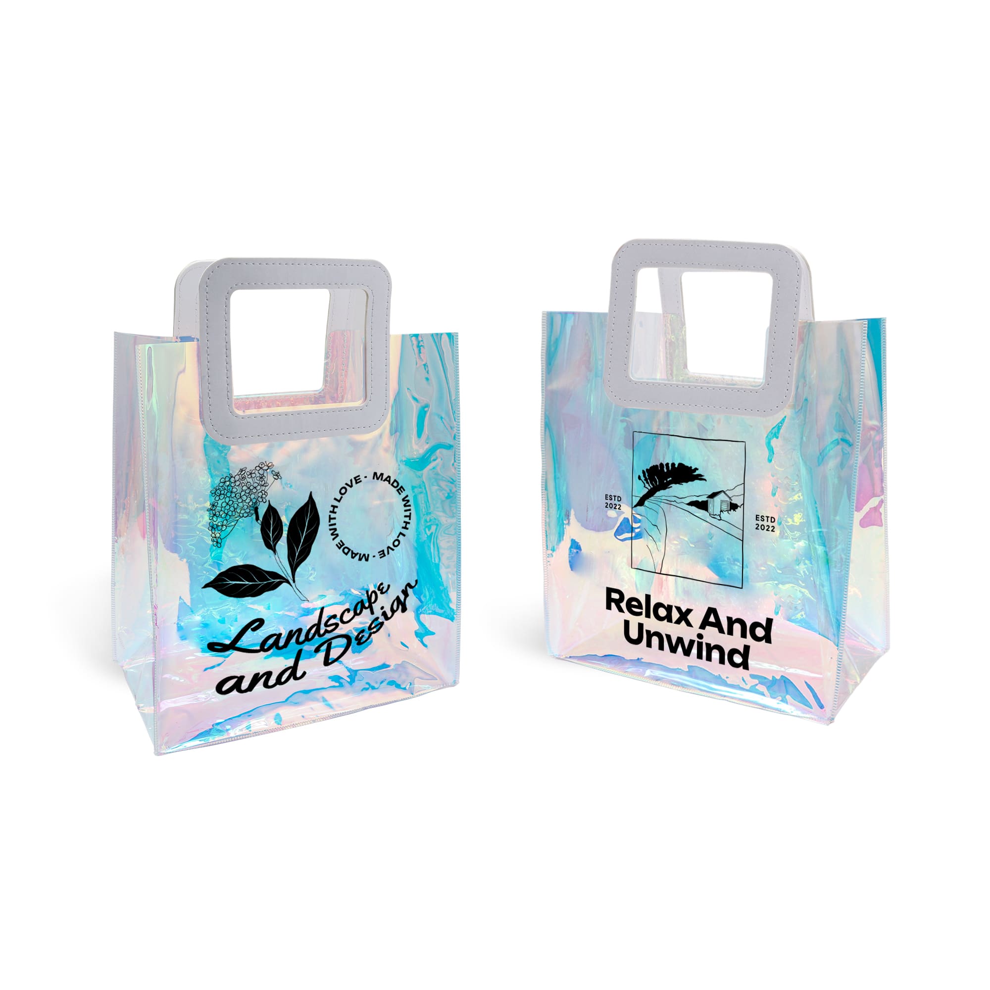 An iridescent rainbow PVC bag with a clear handle, featuring botanical designs and an abstract blue background. Iridescent Rainbow PVC Bag - Image 1