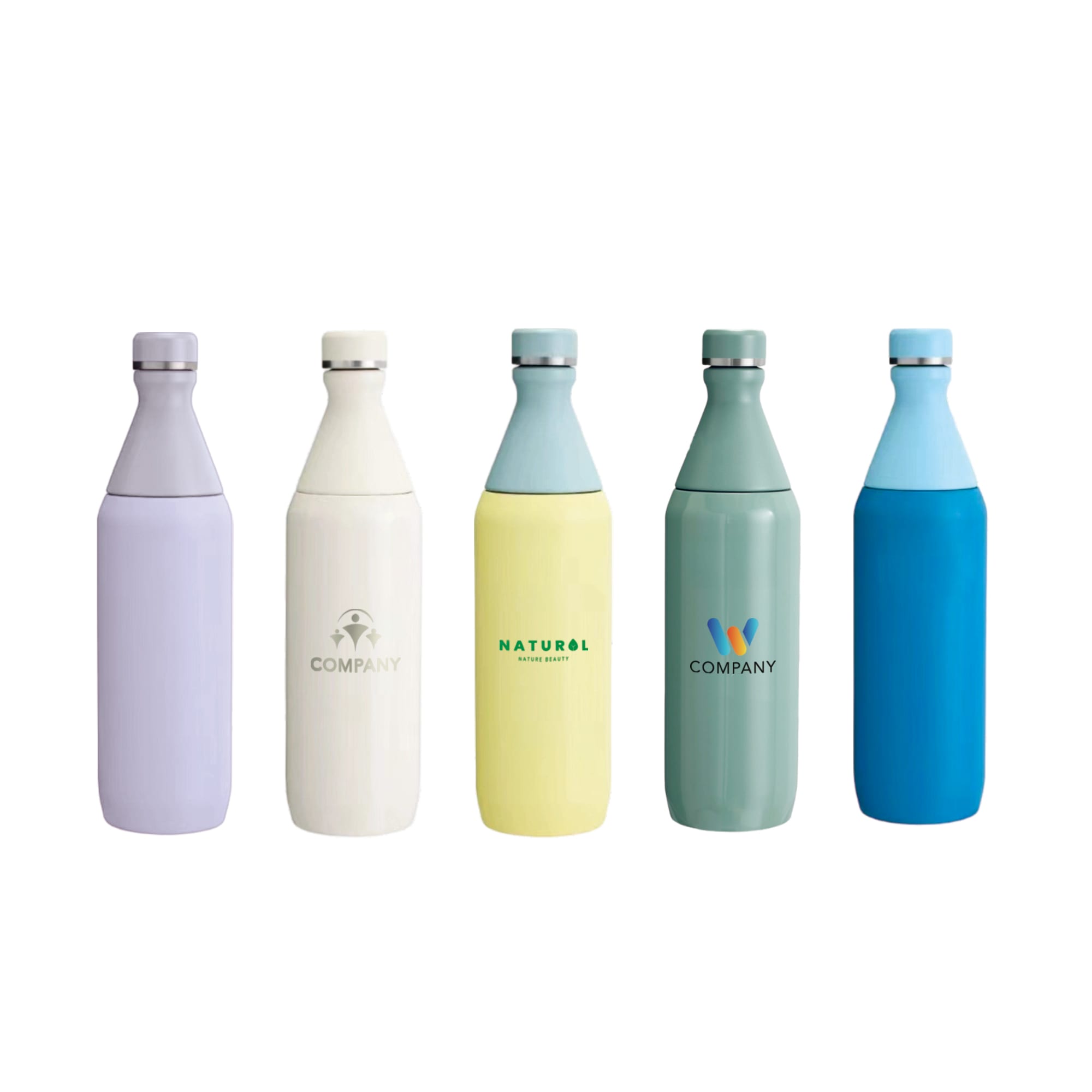 A drink bottle collection featuring five stainless steel bottles in lavender, white, yellow, teal, and blue with logos. 600ML Stainless Steel 2 in 1 Double Wall Slim Bottle - Image 1