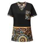 A black Hawaiian shirt featuring a vibrant coloured pattern with intricate designs and a pocket. It includes a branding logo.