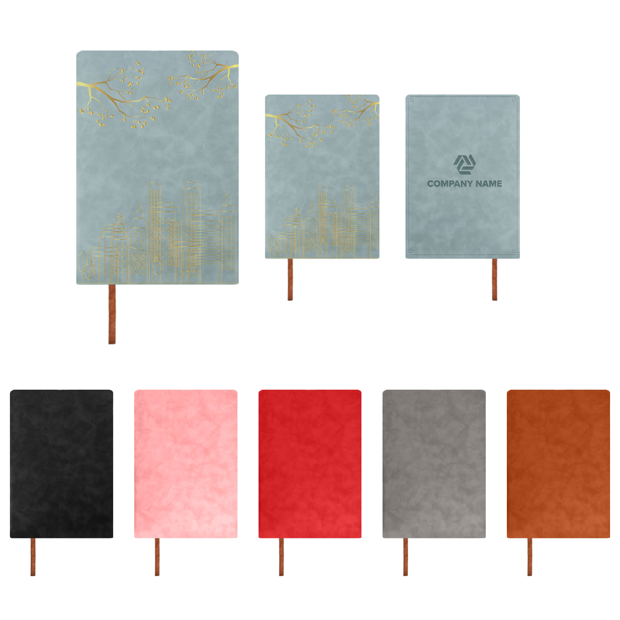 A collection of Soft PU Leather Notebooks in various colours including blue, pink, red, black, and brown, featuring a logo. Soft PU Leather Notebook - Image 1