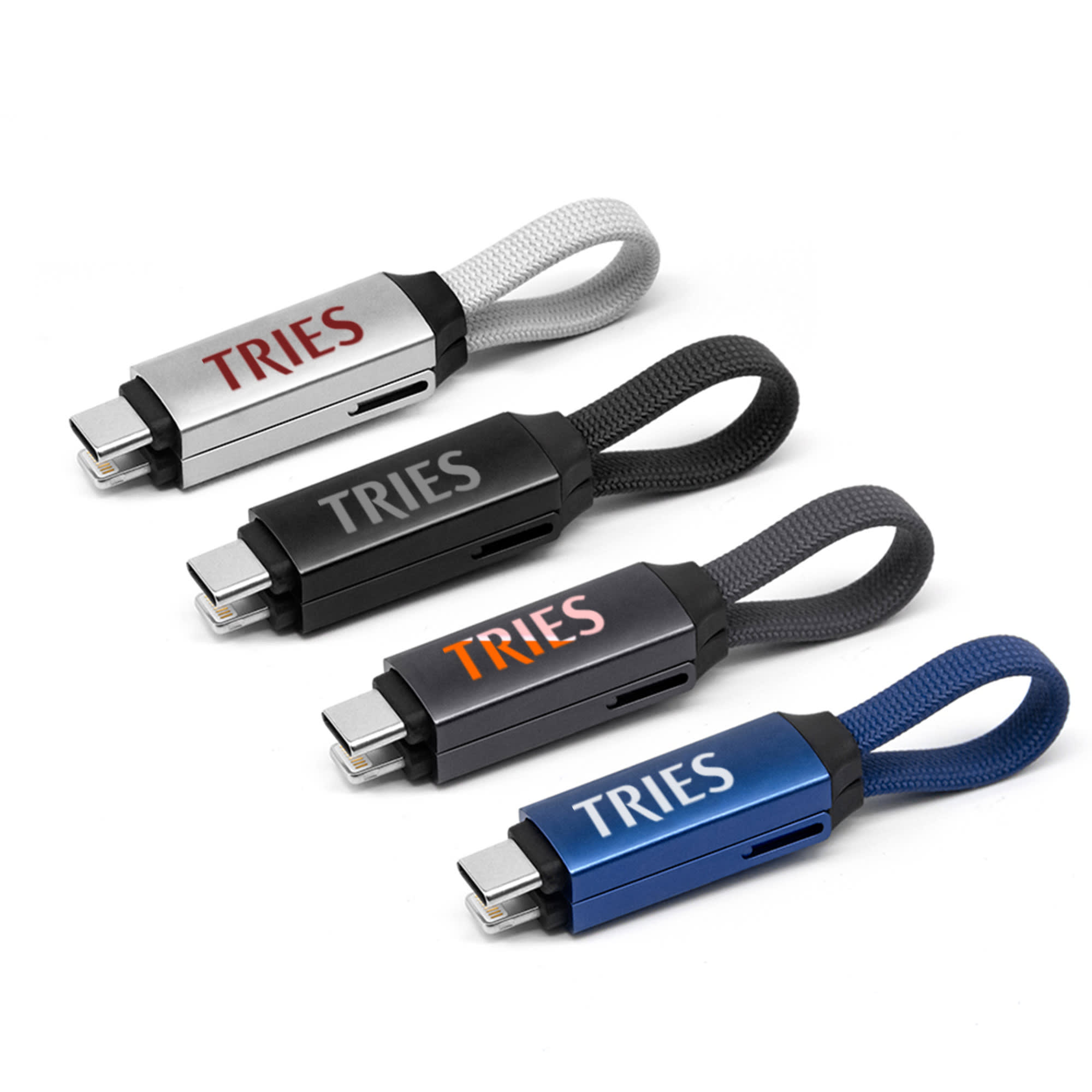 A set of four 60W 3-In-1 aluminium charging cables in silver, black, and blue with woven straps and a logo. 60W 3-In-1 Aluminium Charging Cable - Image 1