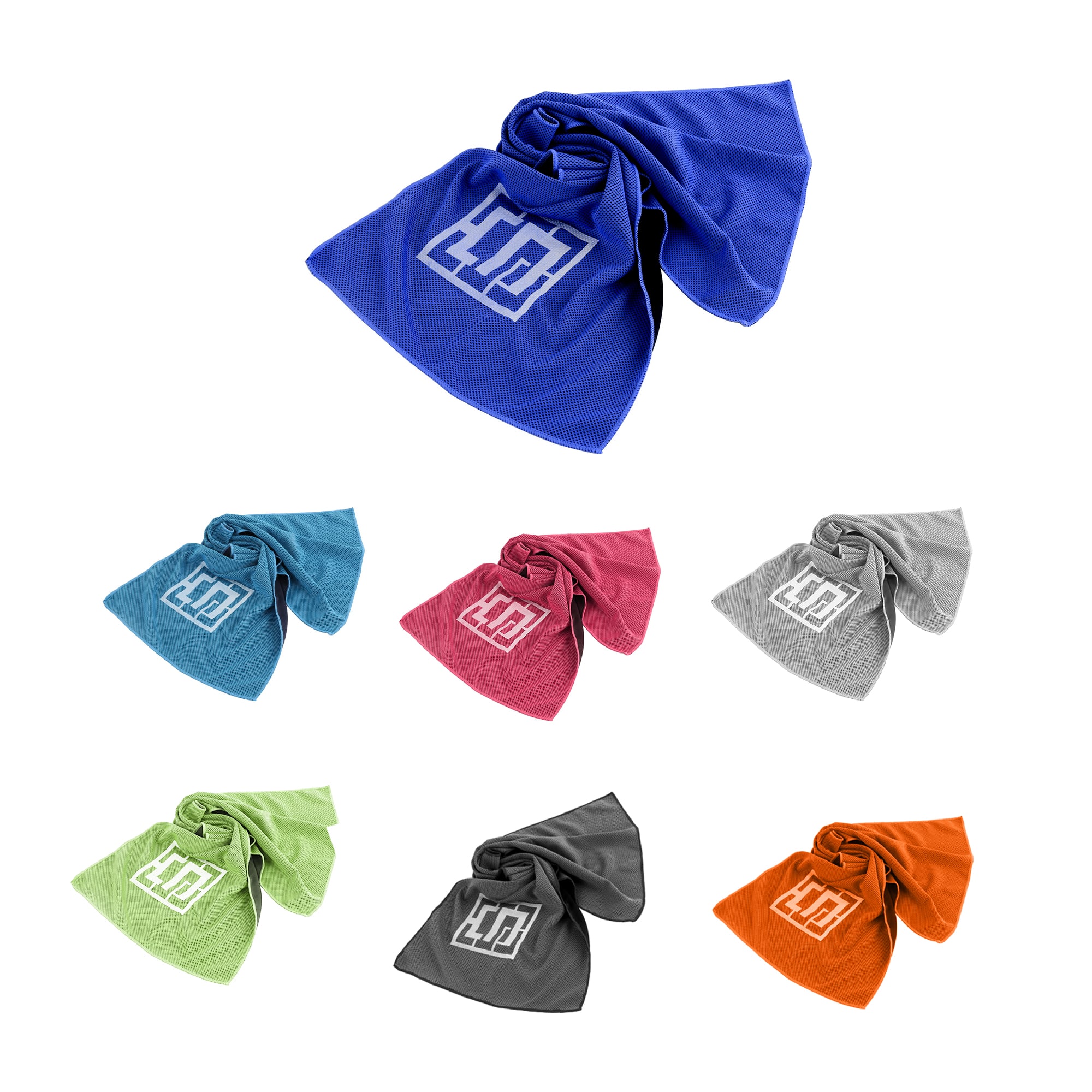 A collection of seven cooling towels in blue, pink, grey, green, orange, and red, featuring a logo on each. Cooling Towel - Image 1