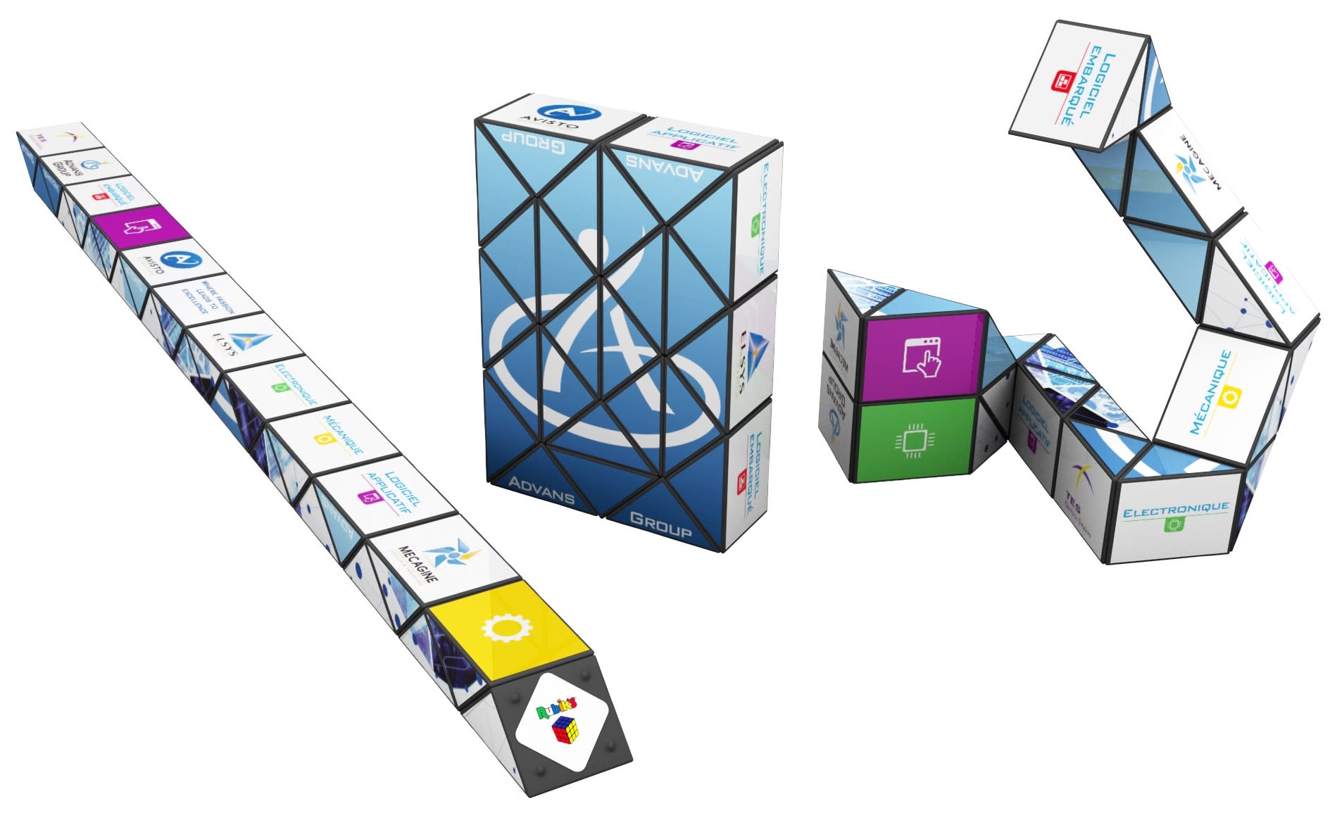 A colourful, twistable puzzle featuring various shapes and designs, with a prominent logo on the main piece. Rubik's Twist - Image 1