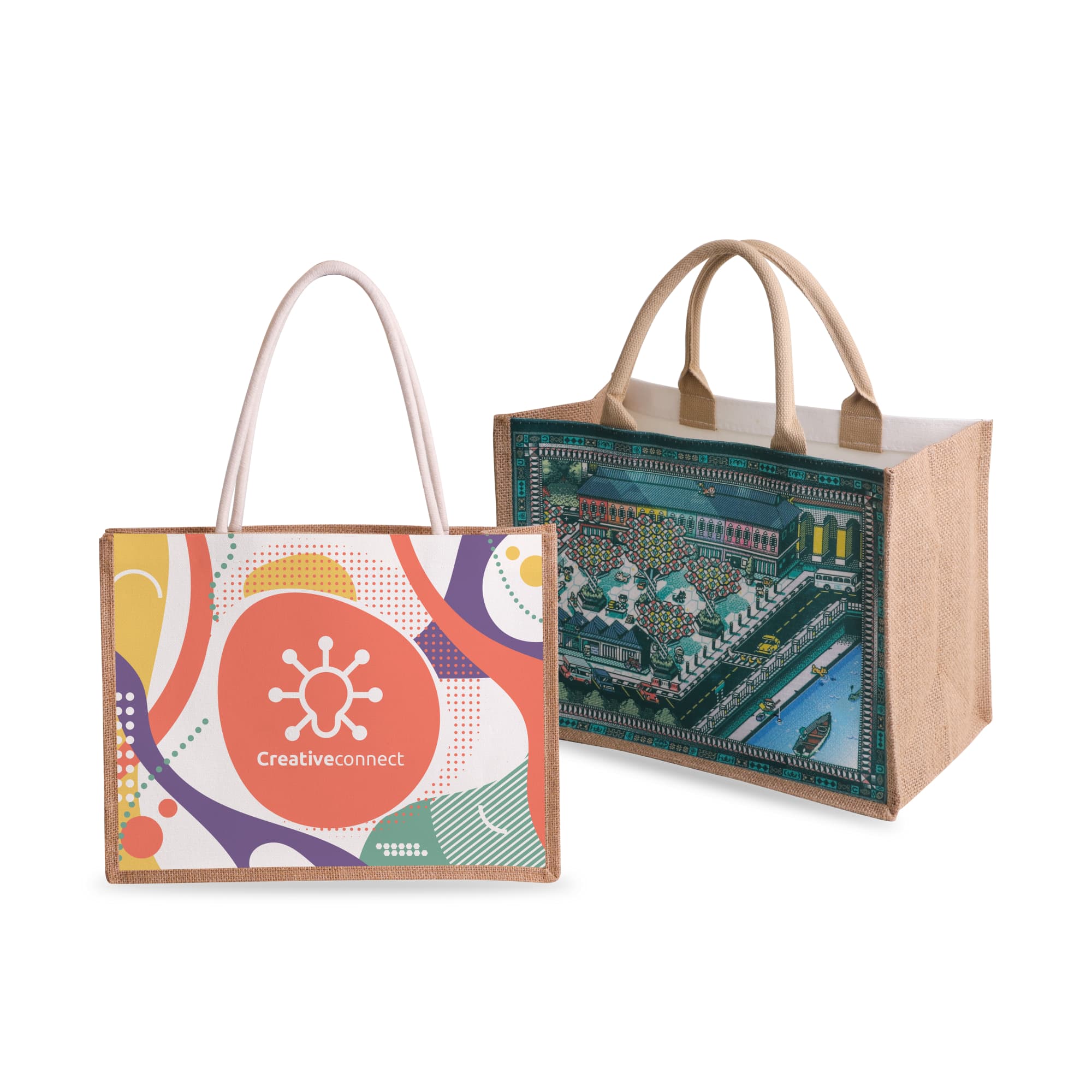 Two tote bags are displayed: one is canvas with a colourful design and logo, while the other is jute with a detailed illustrated scene. Canvas and Jute Tote Bag - Image 1