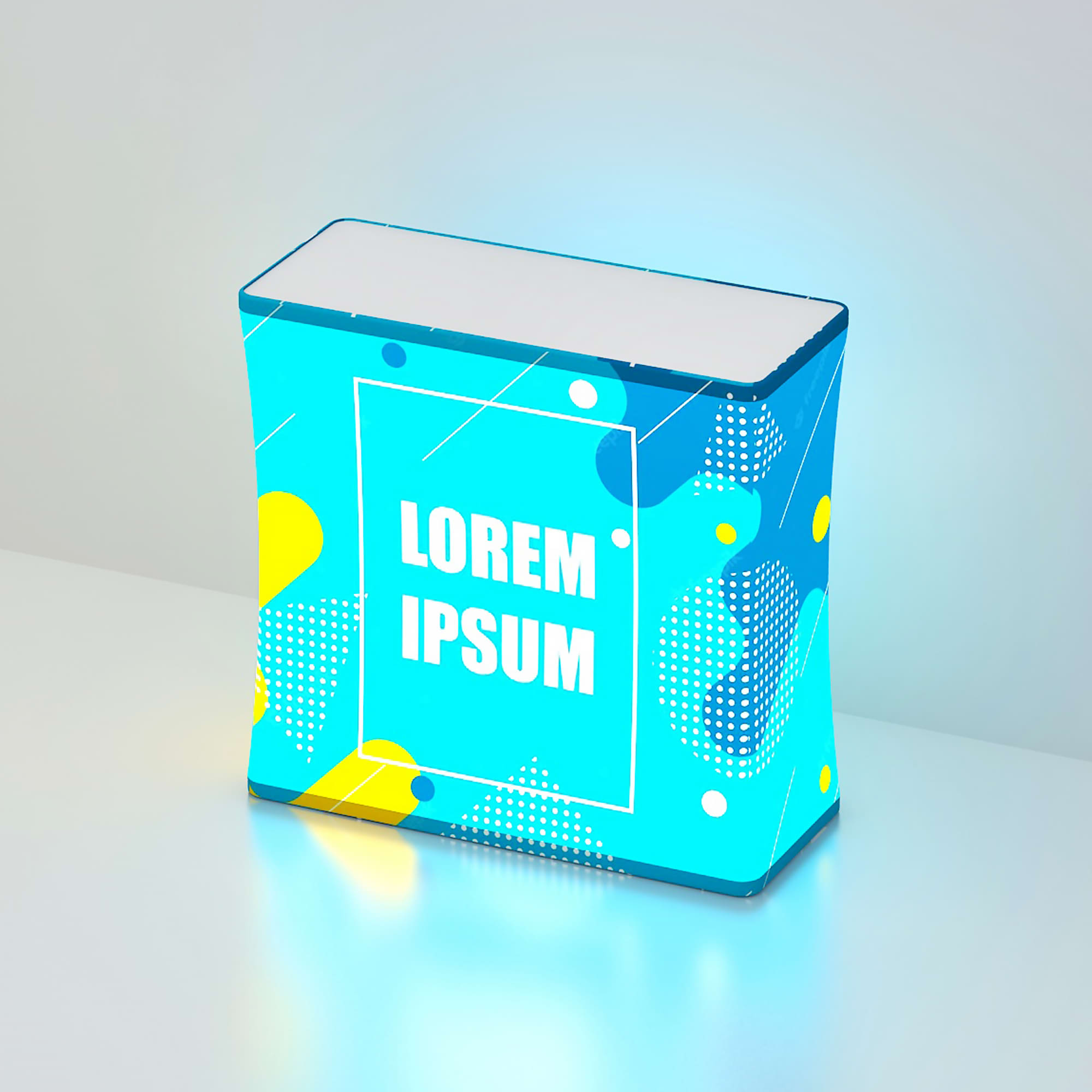 A backlit LED display with a rectangular shape, featuring a vibrant blue and yellow design. Backlit LED Spring Up Display - Rectangle - Image 1