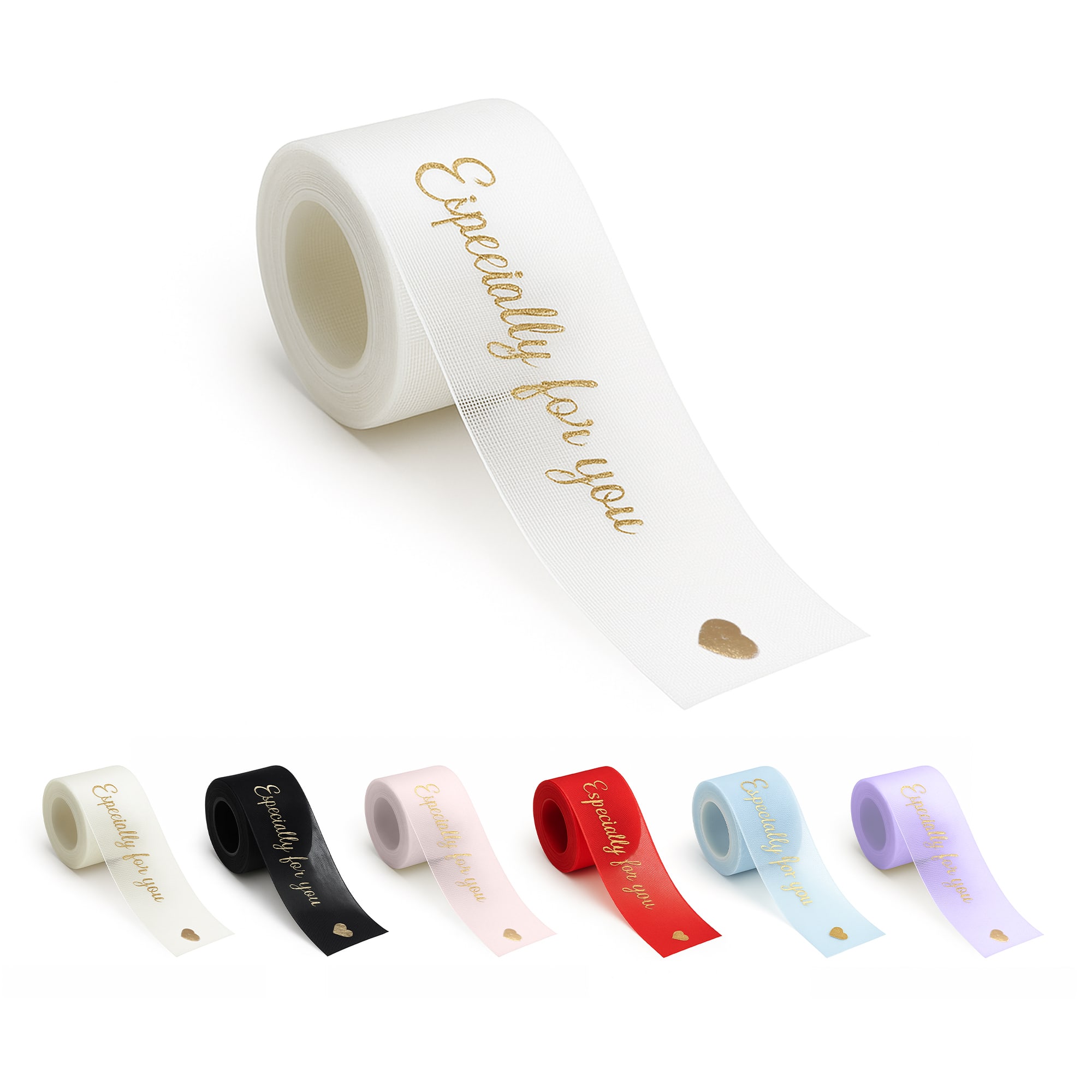 A roll of organza ribbon in various colours, including white, black, pink, red, and lavender, featuring a heart design. 19mm Organza Ribbon - Image 1