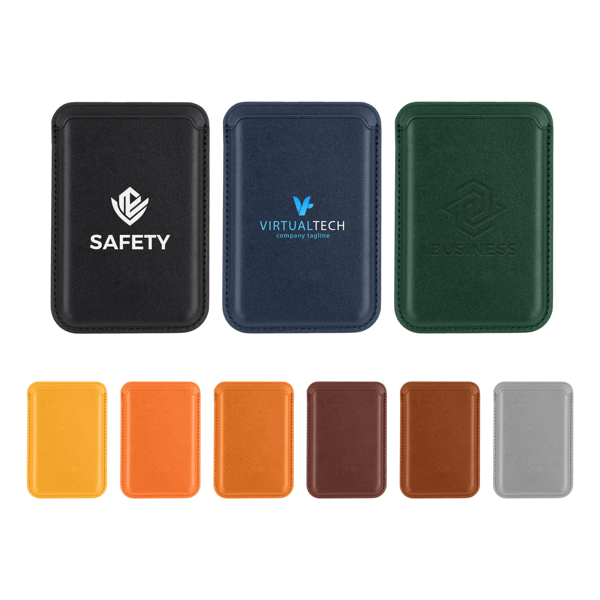 A collection of PU magnetic phone card holders in black, navy, green, orange, brown, and silver, featuring various logos. PU Magnetic Phone Card Holder - Image 1