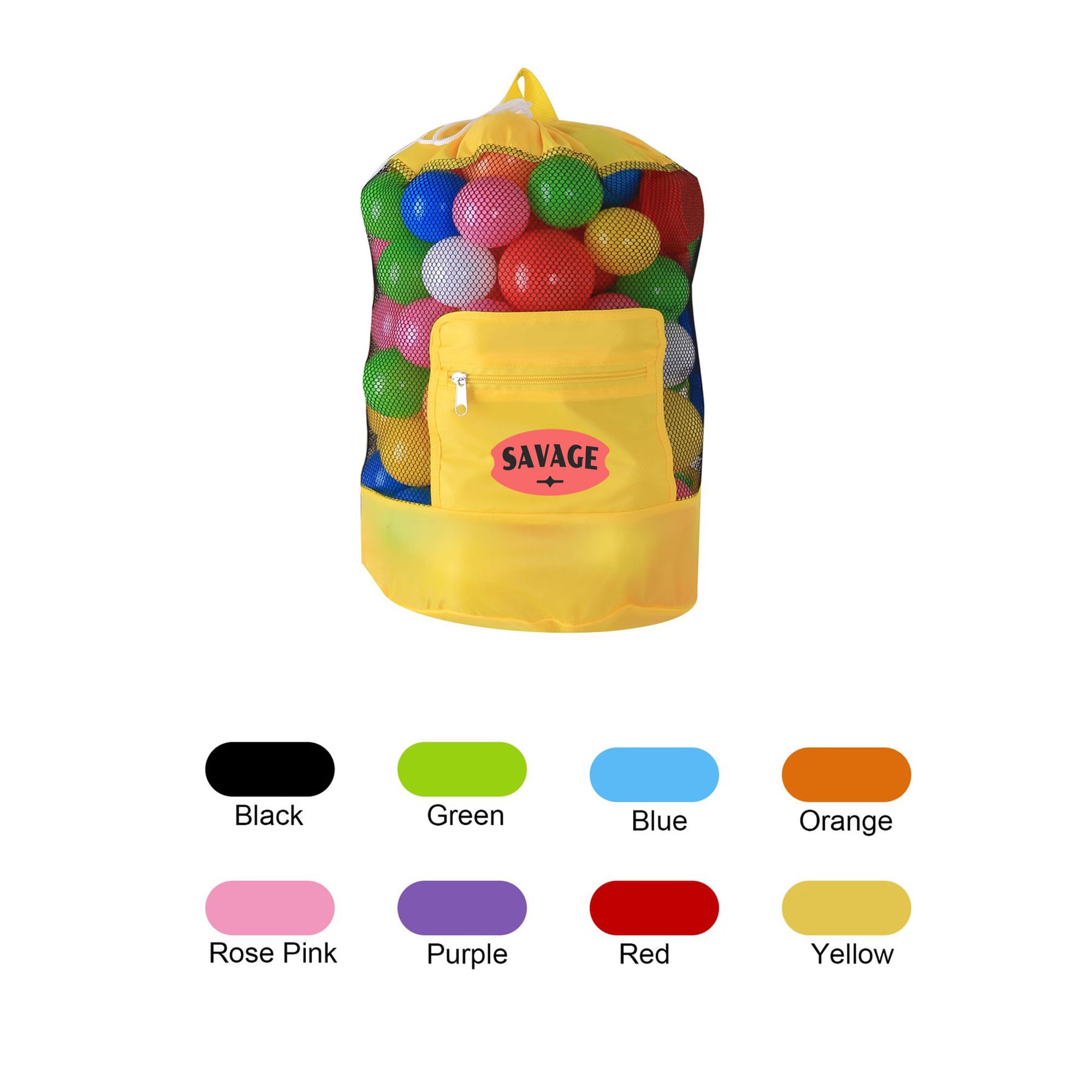 A yellow foldable mesh drawstring backpack filled with colourful balls, featuring a front pocket and a logo. Foldable Mesh Drawstring Backpack - Image 1