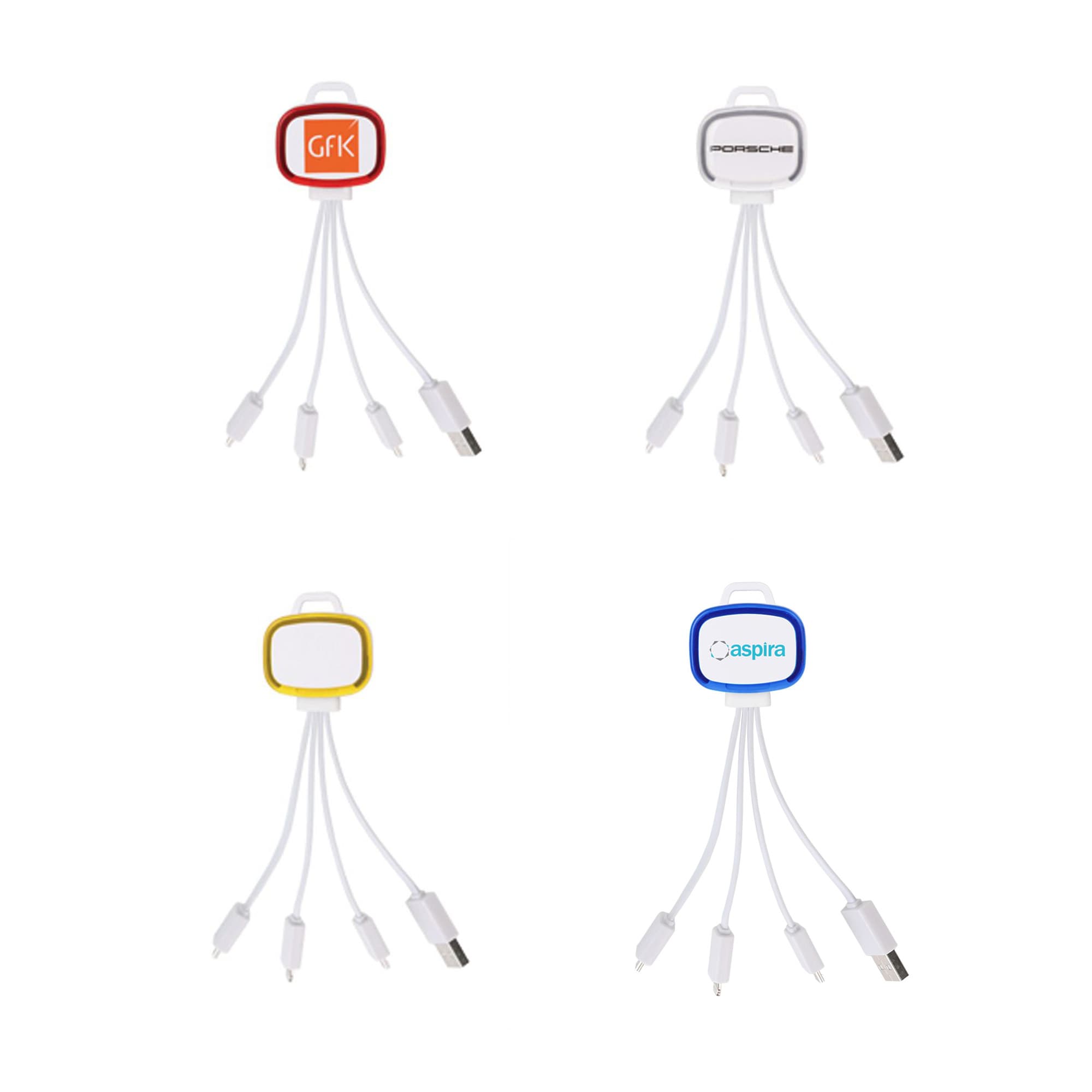 A set of LED charging cables with multiple connectors, featuring red, yellow, blue, and white colour variations. Each has a logo. LED Charging Cable with Multiple Connectors - Image 1