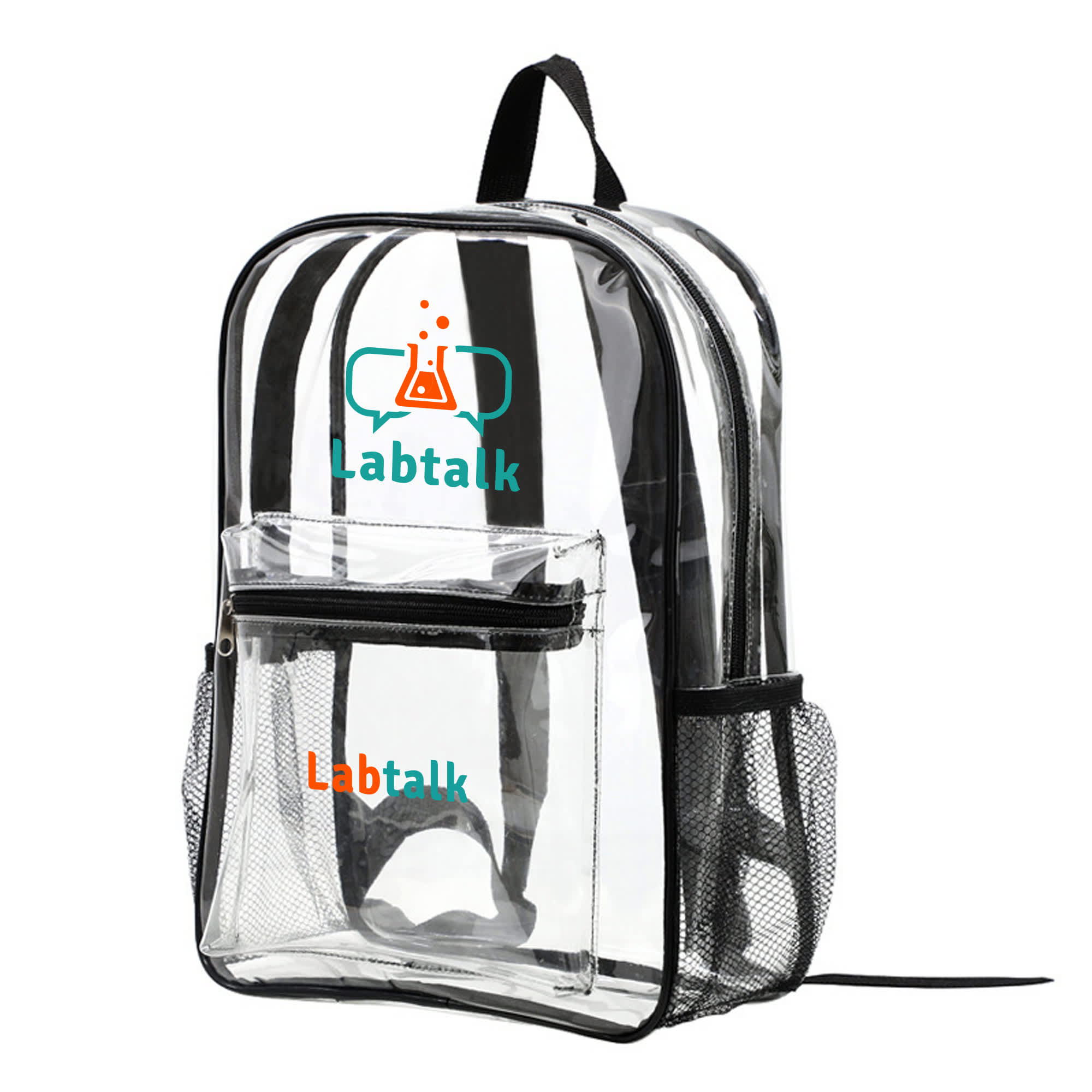A transparent backpack with black straps and mesh side pockets, featuring a logo. Transparent Backpack - Image 1