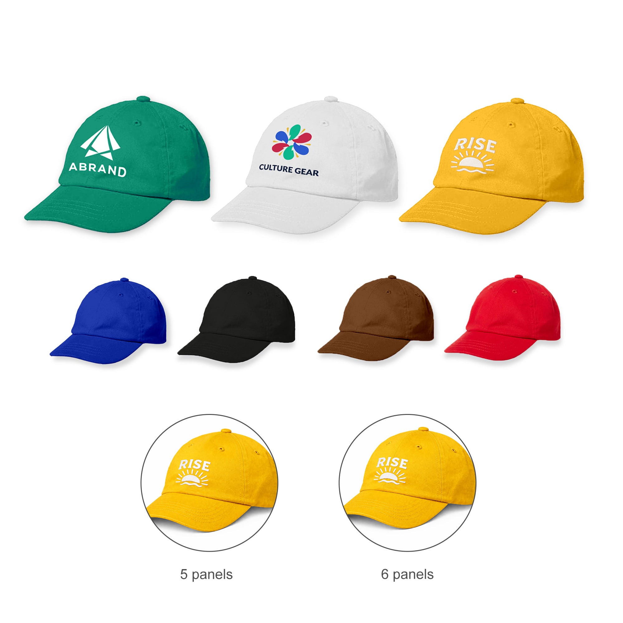 A collection of baseball caps in green, white, blue, black, brown, red, and yellow, featuring various logos. Sports Baseball Cap - Image 1