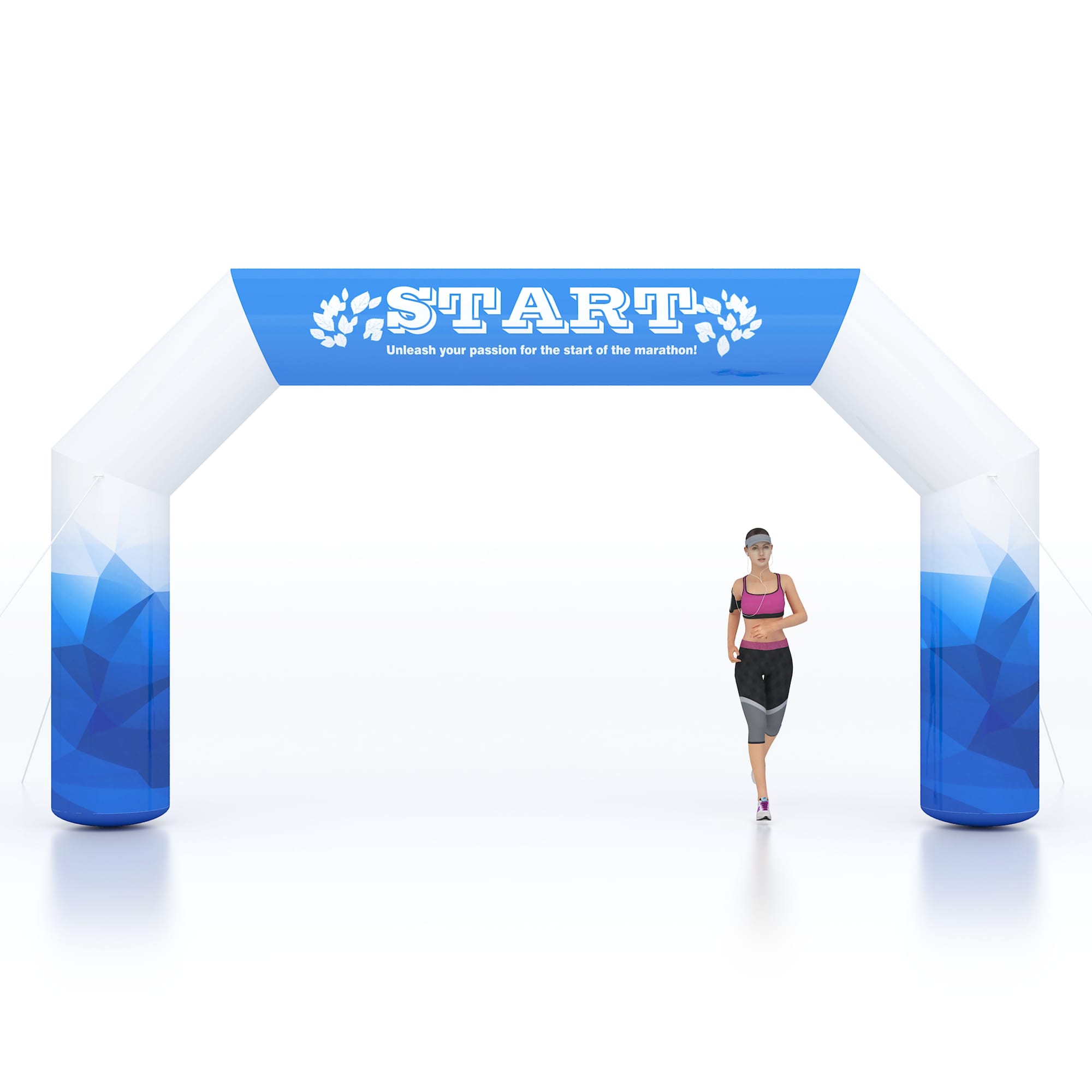 A large inflatable arch in blue and white, featuring a logo, with a runner passing through it. Large Inflatable Arch - Image 1