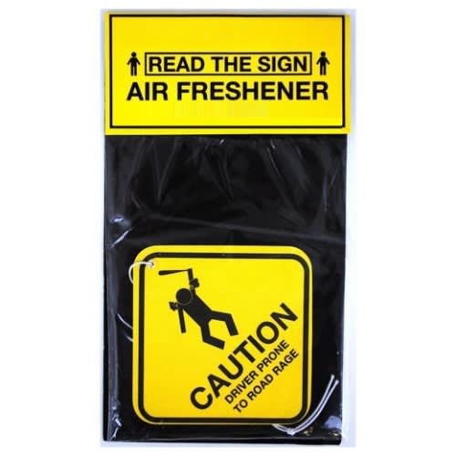 A black air freshener in a transparent packaging with a yellow header card and caution sign design. Air Freshener with header card - Image 1