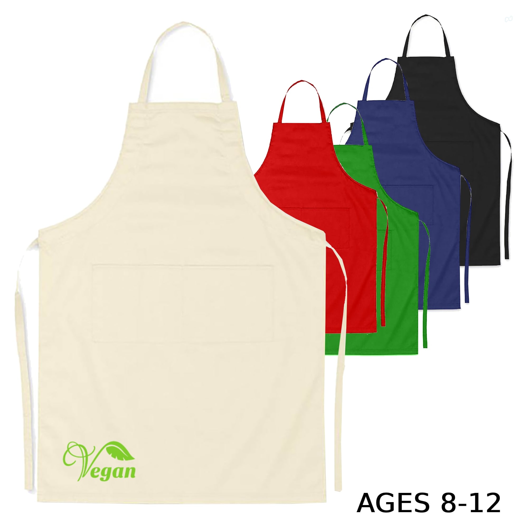 A collection of junior cotton aprons in cream, red, green, blue, and black, featuring a logo on one. Suitable for ages 8-12. Junior Cotton Apron – Age 8-12 - Image 1