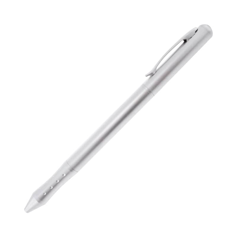 A sleek silver metal pen featuring a clip and a pointed tip, with a subtle logo on the body. Leeds Laser Pen - Image 1