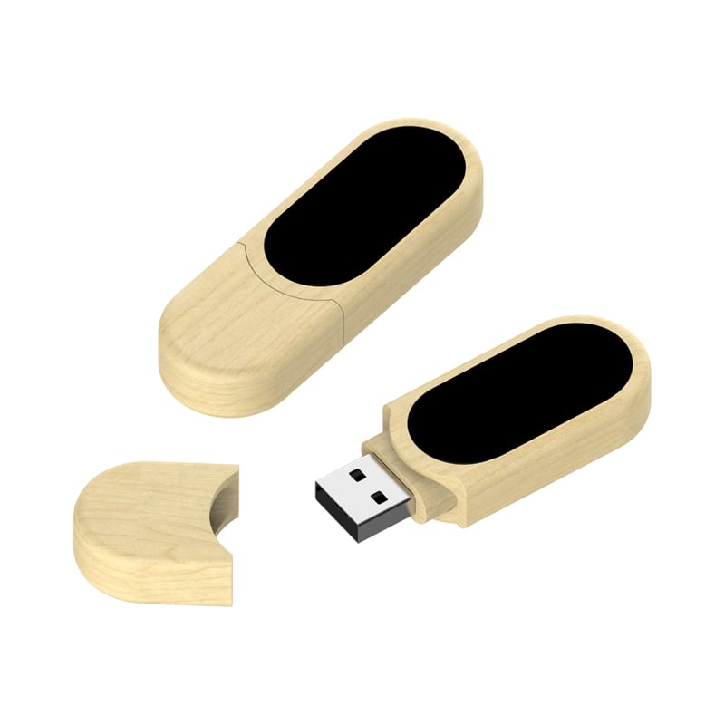 A wooden eco-friendly LED flash drive with a black top part. It has a removable cap and a USB connector. Basra Eco LED Flash Drive - Image 1