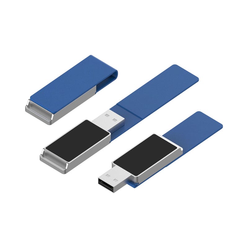 A blue Milan LED flash drive with a sleek design and a silver clip. It features a USB connector for easy access. Milan LED Flash Drive - Image 1