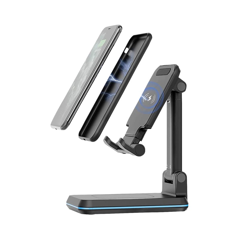 A foldable wireless charge stand in black with a stylish base, designed for holding a smartphone. Vulcan-Q Foldable Wireless Charge Stand - Image 1