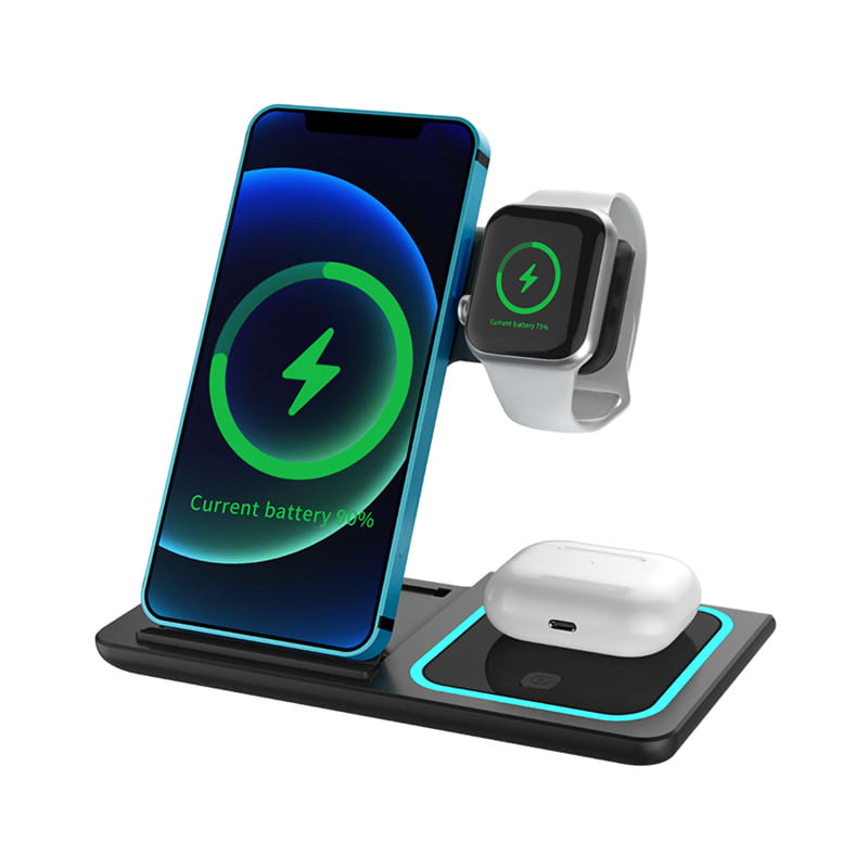 A wireless charger in black with teal accents, designed to charge a phone, AirPods, and an Apple Watch simultaneously. Camden 15W 3n1 Fast Wireless Charger (with adapter) - Image 1