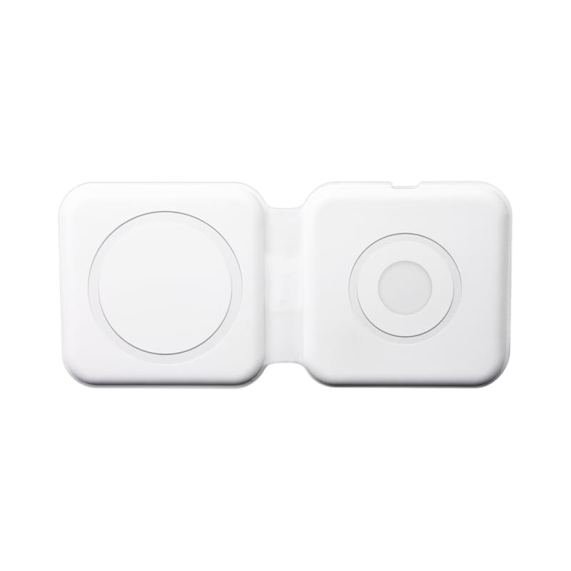 A white magnetic wireless charger with two circular charging areas, featuring a simple design and a logo. York 2n1 Magnetic Wireless Charger - Image 1