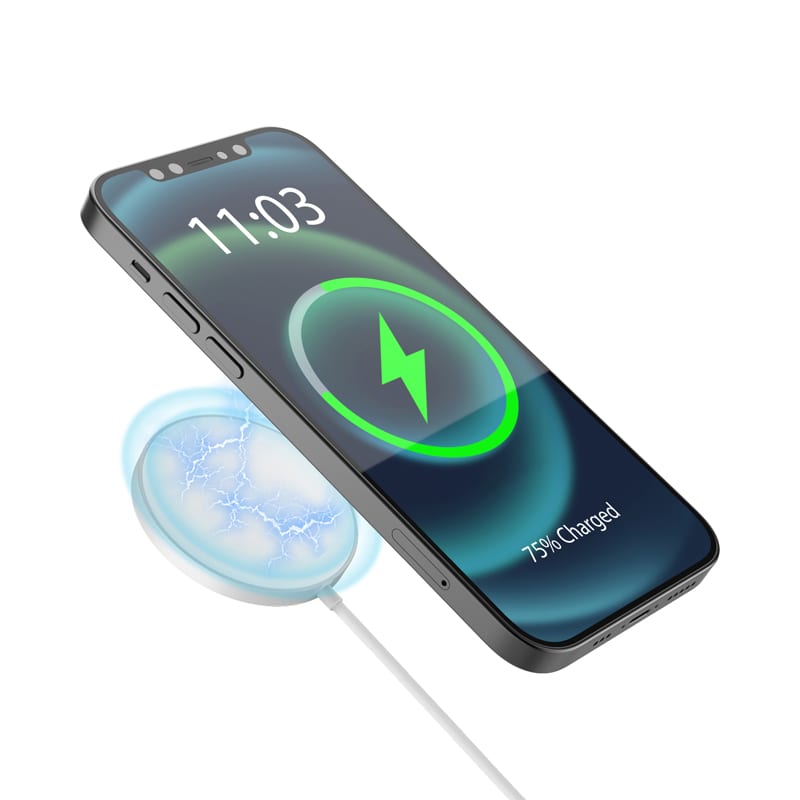 A wireless phone charger in a circular design emits a blue glow, placing emphasis on a phone displaying a charging icon. Wolf 15W Magnetic Wireless Charger - Image 1