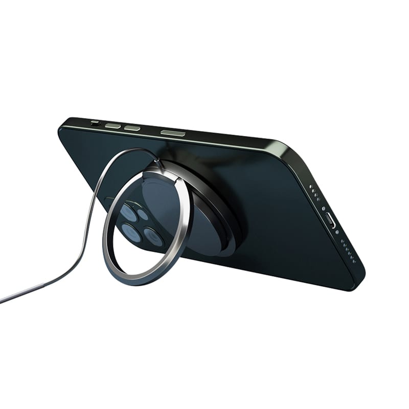 A black smartphone with a magnetic wireless charger attached to the back, featuring a sleek design. Atlanta 15W Magnetic Wireless Charge Stand - Image 1