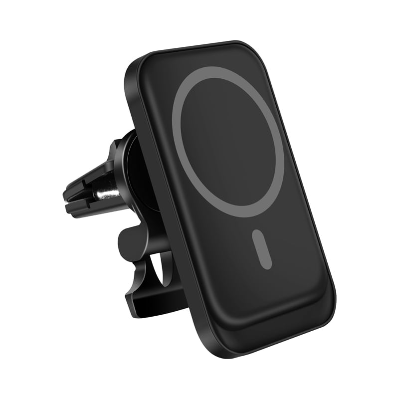 A black magnetic wireless car charger with a sleek design and an attachment for car vents. Rover Magnetic 15W Wireless Car Charger - Image 1