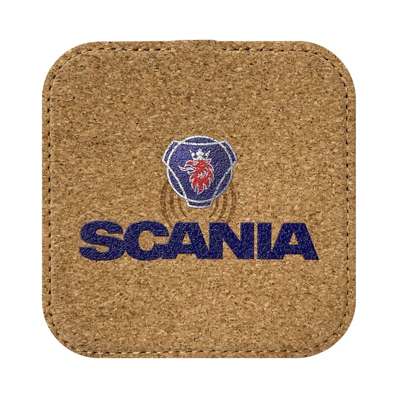 A square cork wireless charger with a logo printed in blue and red, featuring a lion design and the word "SCANIA". Oaky Cork 10W Wireless Charger - Image 1