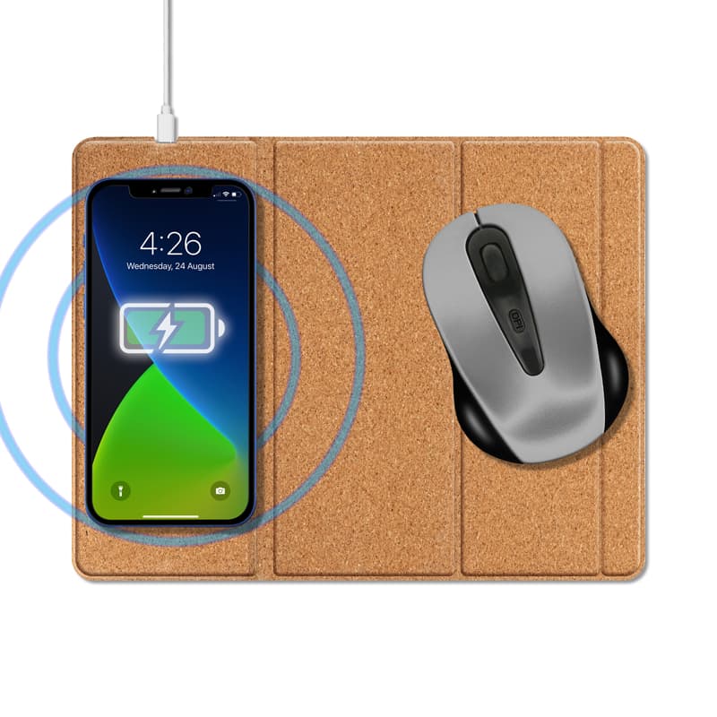 A cork wireless charging mouse pad featuring a grey mouse and a smartphone charging on its surface. Oaky Eco Pro 15W Foldable Wireless Charging Mouse Pad - Image 1