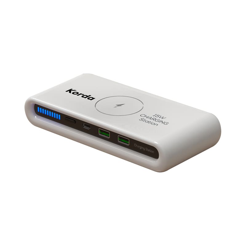 A white Korda 15 Watt Charging Station featuring multiple ports and a blue LED indicator, with a logo displayed. Korda 15 Watt Charging Station - Image 1