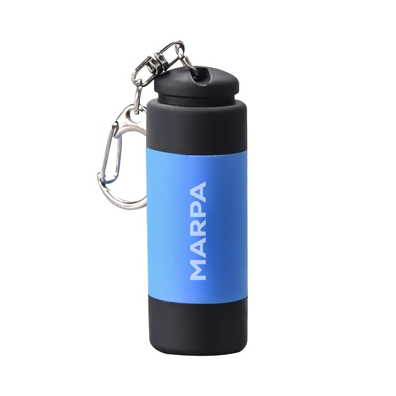 A rechargeable LED torch in blue and black, featuring a carabiner and a logo. Marpa Rechargeable LED Torch - Image 1