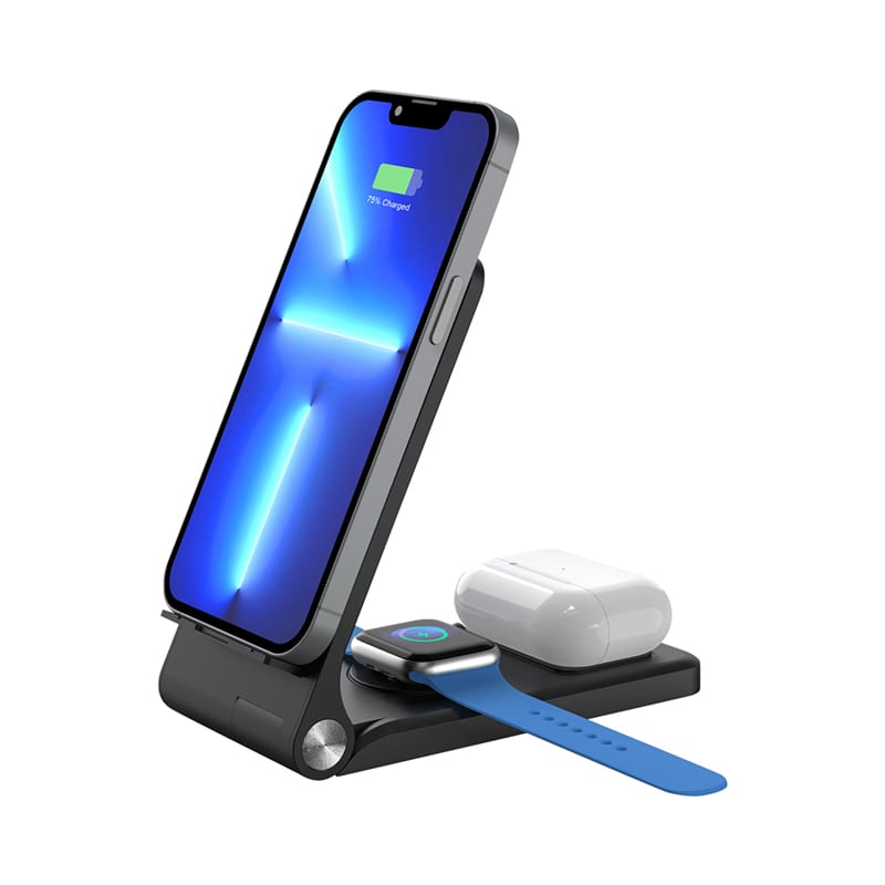A wireless charger in black featuring three charging spots for a phone, AirPods, and a smartwatch. Cromer 3n1 15W Wireless Charger (Stock) - Image 1