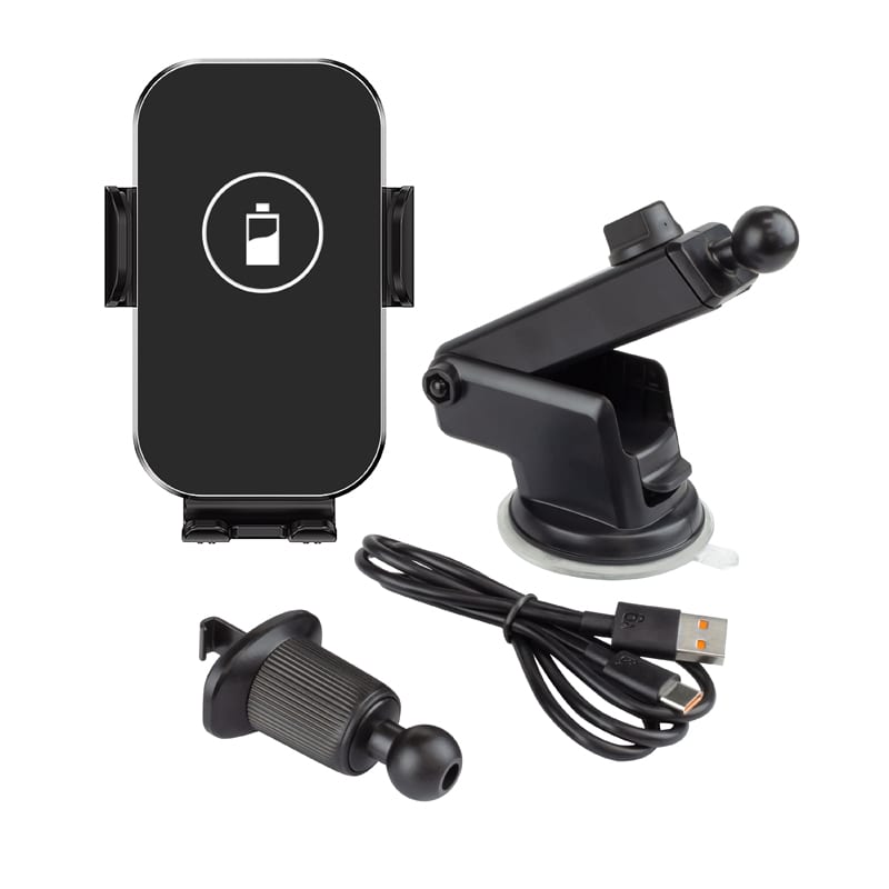 A black 15W fast wireless car charger with a suction mount, USB cable, and a detachable attachment. Poole 15W Fast Wireless Car Charger - Image 1