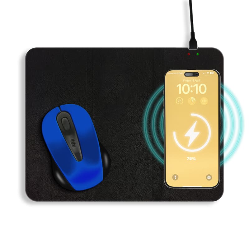 A black foldable mouse pad with a blue mouse and a smartphone charging wirelessly nearby. Lawton 15W Foldable Magnetic Wireless Charging Mouse Pad - Image 1